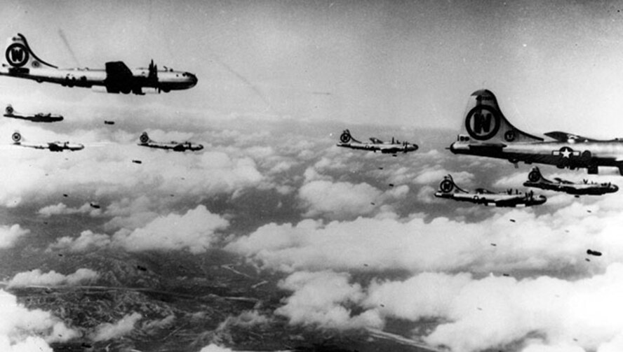 Boeing B-29s drop bombs on North Korean targets early in the conflict. (U.S. Air Force photo)