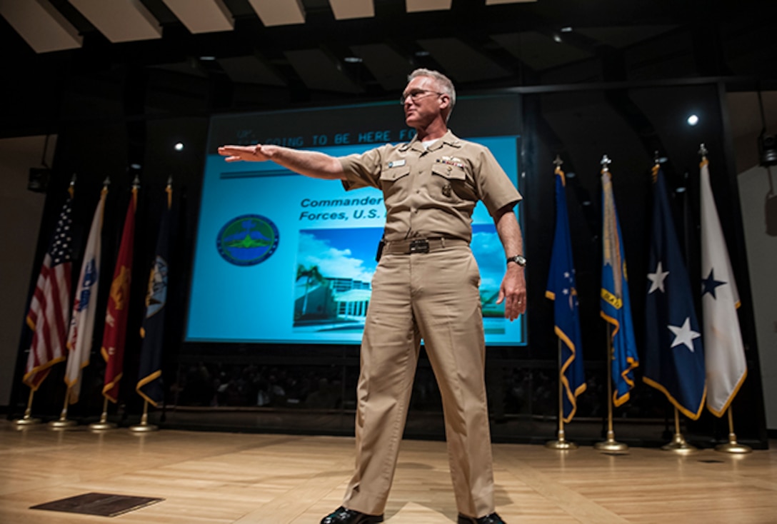 Vice Adm. Thomas Rowden, Commander, Naval Surface Forces U.S. Pacific Fleet, visited Defense Supply Center Columbus March 2 to discuss the current landscape of the Navy and align the two organizations in support of the warfighter.  