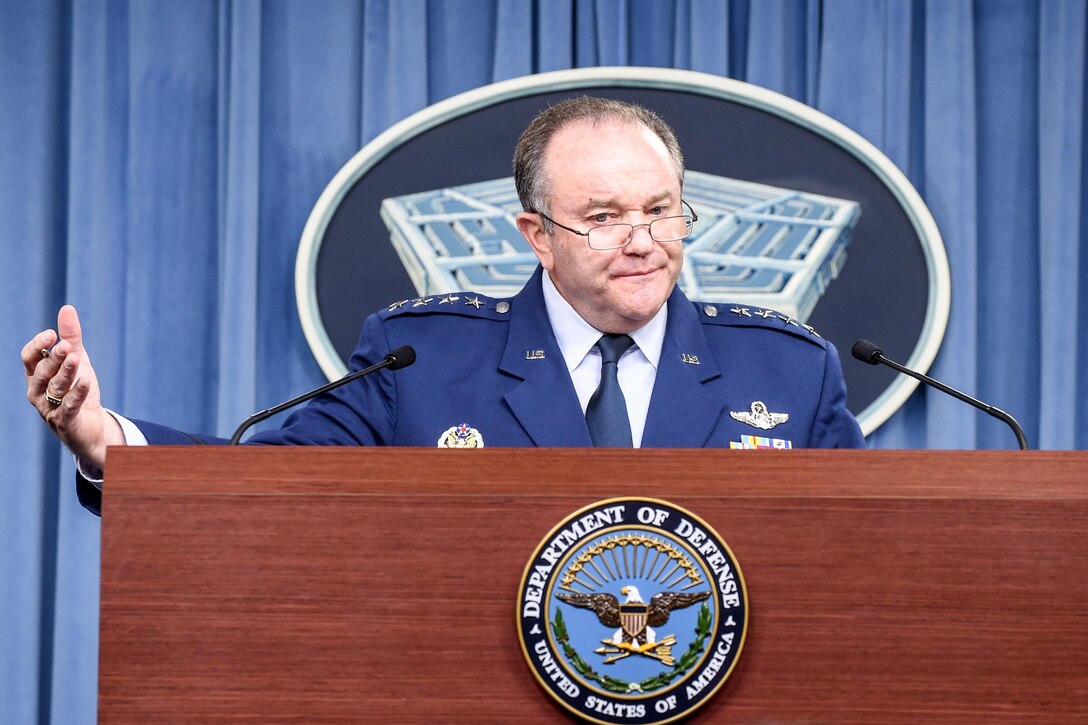 Air Force Gen. Philip M. Breedlove, commander of U.S. European Command, briefs reporters at the Pentagon March 1, 2016. DoD photo by Army Sgt. 1st Class Clydell Kinchen