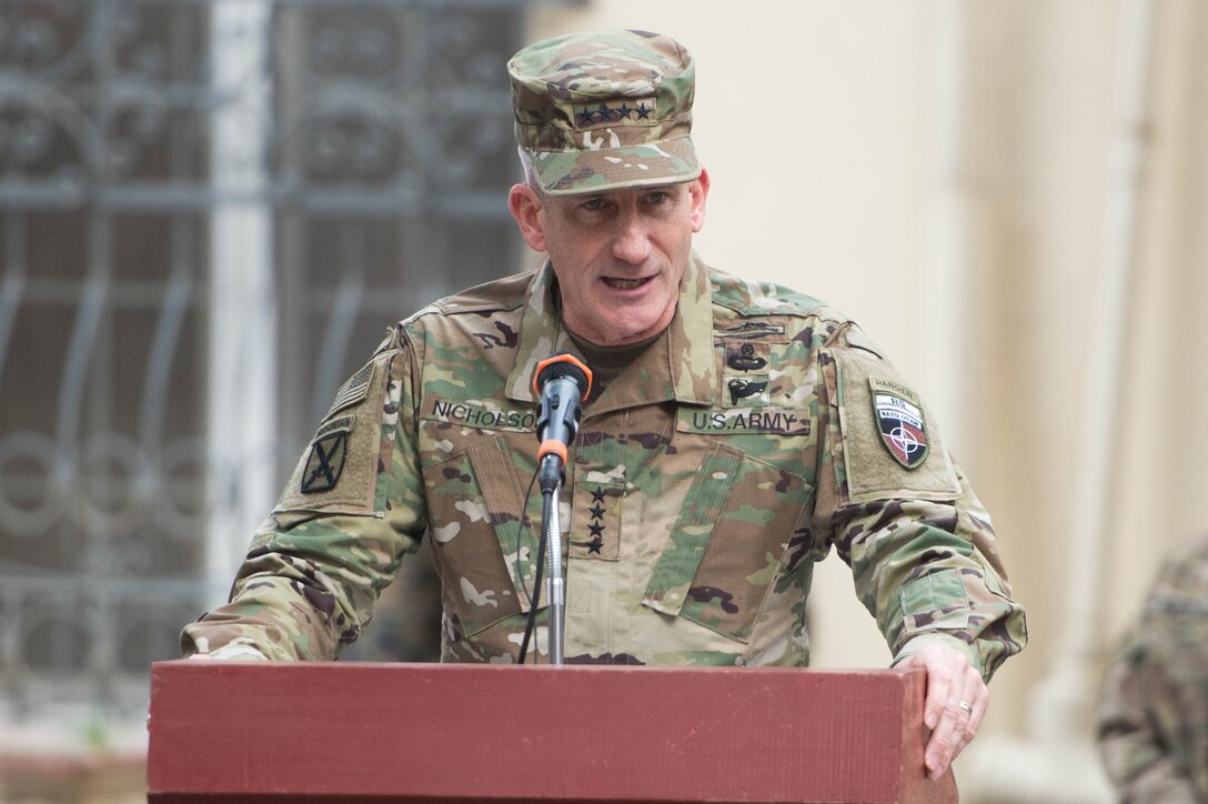 Army Gen. John W. "Mick" Nicholson Jr., incoming commander of U.S. Forces Afghanistan and the NATO Resolute Support Mission, addresses the audience during the change-of-command ceremony in Kabul, Afghanistan, March 2, 2016.