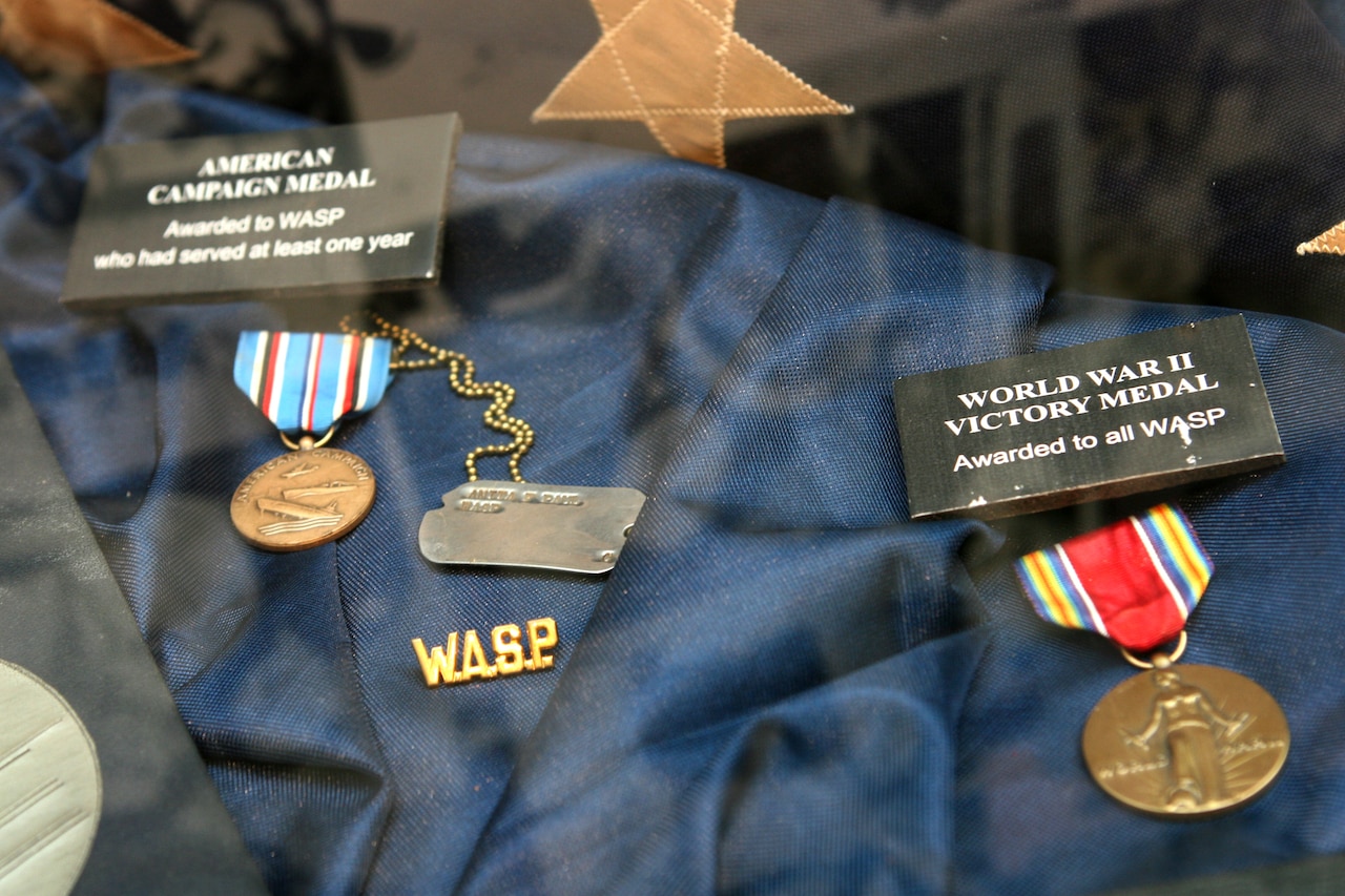 Campaign medals received by the Women Airforce Service Pilots program are displayed during the opening of the "Fly Girls of World War II" exhibit at the Women in Military Service for America Memorial in Arlington, Va., Nov. 14, 2008. Army photo by Staff Sgt. Michael J. Carden