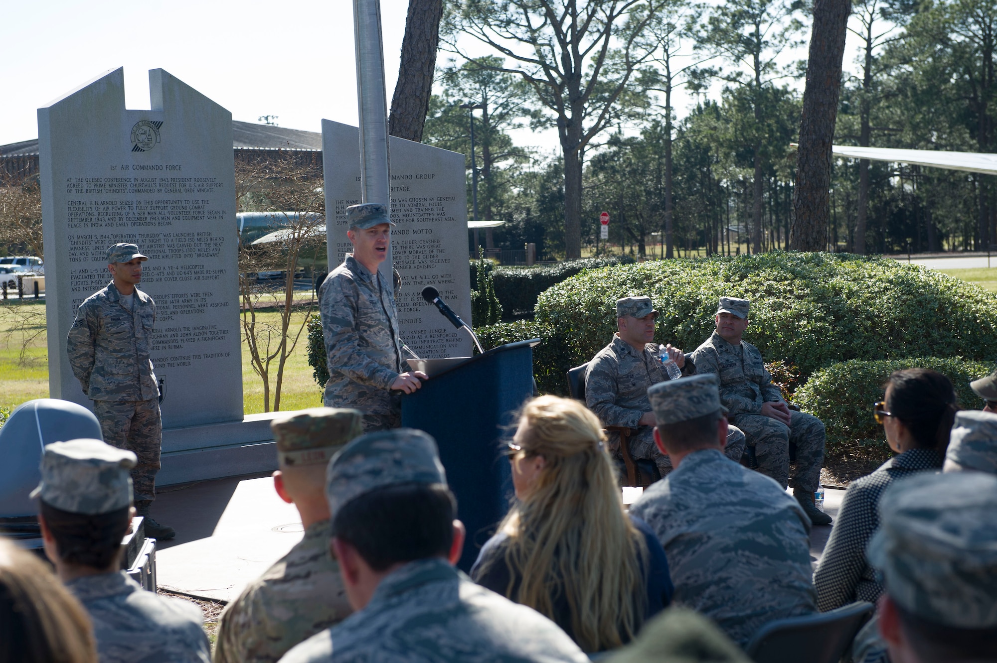 Col. Todd Fogle, commander of the 1st Special Operations Mission Support Group, speaks during the 1st Special Operations Communications Squadron change of command ceremony at Hurlburt Field, Fla., Feb. 26, 2016. Lt. Col. Jason Fick relinquished command to Lt. Col. Scott McGovern. (U.S. Air Force photo by Senior Airman Krystal M. Garrett)