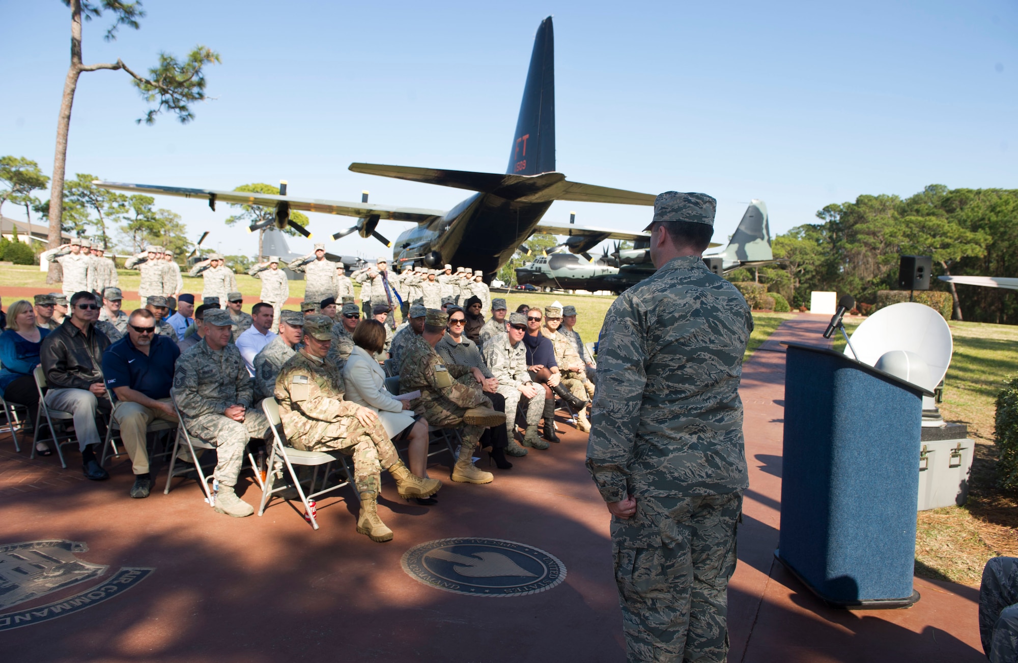 Lt. Col. Scott McGovern, commander of the 1st Special Operations Communications Squadron, renders his first salute to 1st SOCS Airmen during a change of command ceremony at Hurlburt Field, Fla., Feb. 26, 2016. The tradition of the military salute can be traced back to medieval knights raising their visors when passing their superiors. This age-old gesture is a universal symbol of mutual respect. (U.S. Air Force photo by Senior Airman Krystal M. Garrett)