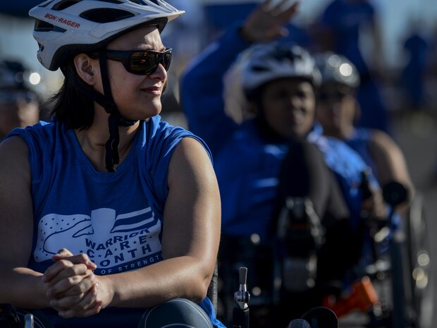 Members of the team USA cycling team prepare to start their race during the 2016 Air Force Wounded Warrior Trials at Nellis Air Force Base, Nev. Feb. 27, 2016. More than 100 wounded, ill or injured service members from around the country along with their support teams have gathered for the Trials. (U.S. Air Force photo by Airman 1st Class Kevin Tanenbaum)