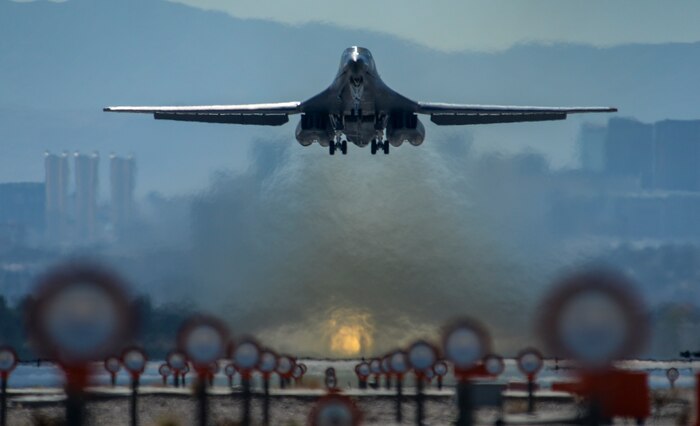 A B-1B Lancer assigned to the 28th Bomb Wing, Ellsworth Air Force Base, S.D.,  takes off on the first day of Red Flag 16-2 Feb. 29, 2016, at Nellis AFB, Nev.  Red Flag enhances aircrew’s combat readiness and survivability by challenging them with realistic combat scenarios during the two-week exercise. (U.S. Air Force photo by A1C Kevin Tanenbaum)