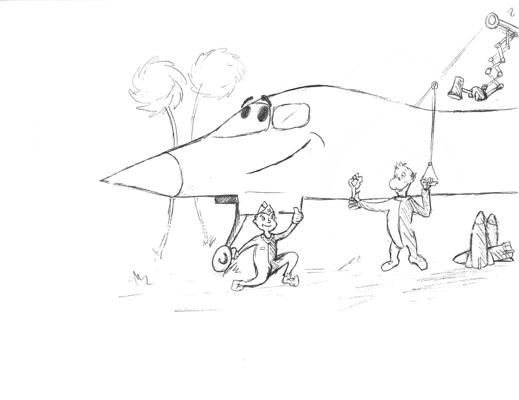 Loading bombs into bays, we tinker, twist and turn.
Kicking the tires and ensuring the engines do burn. 
(U.S. Air Force illustration by Airman Donald Knechtel)
