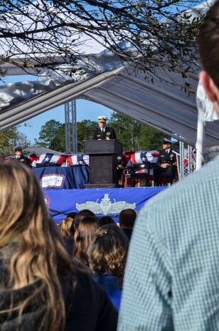 Rear Adm. Dave Krite, Commander, Submarine Group Nine, speaks during the graduation ceremony of Nuclear Power School class 1506 at Naval Nuclear Power Training Command (NNPTC) in Goose Creek, S.C. Based at Joint Base Charleston-Naval Weapons Station, NNPTC trains Sailors in fundamentals of design, operation, and maintenance of shipboard nuclear propulsion plants. (U.S. Navy photo by Mass Communication Specialist Second Class Corey Dill)