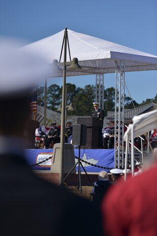 Rear Adm. Dave Krite, Commander, Submarine Group Nine, speaks during the graduation ceremony of Nuclear Power School class 1506 at Naval Nuclear Power Training Command (NNPTC) in Goose Creek, S.C. Based at Joint Base Charleston-Naval Weapons Station, NNPTC trains Sailors in fundamentals of design, operation, and maintenance of shipboard nuclear propulsion plants. (U.S. Navy Photo by Mass Communications Specialist Second Class Jason Pastrick)