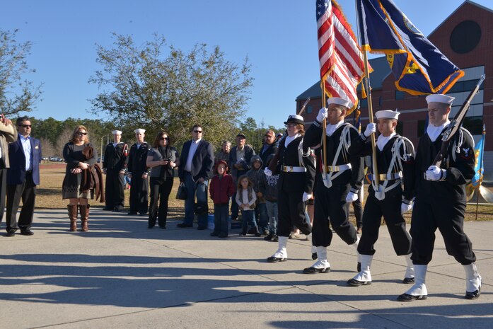 Sailors present colors during the graduation ceremony of Nuclear Power School class 1506 at Naval Nuclear Power Training Command (NNPTC) in Goose Creek, S.C. Based at Joint Base Charleston-Naval Weapons Station, NNPTC trains Sailors in fundamentals of design, operation, and maintenance of shipboard nuclear propulsion plants. (U.S. Navy Photo by Mass Communication Specialist Second Class Jason Pastrick)