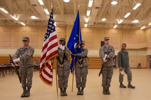 U.S. Air Force ceremonial guardsmen trainees practice presenting the colors at Langley Air Force Base, Va., Feb. 24, 2016. Honor Guard trainers watch carefully for mistakes in every movement, in order to correct and instruct the Airmen to perform flawless details. (U.S. Air Force photo by Airman 1st Class Derek Seifert/Released)