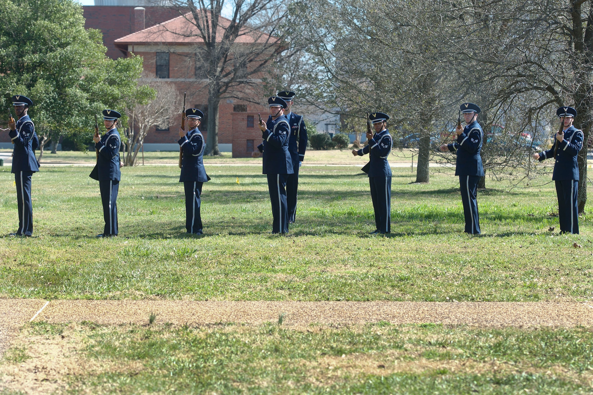 U.S. Air Force Honor Guard ceremonial guardsmen perform a seven-man firing party during the final evaluations of training at Langley Air Force Base, Va., Feb. 29, 2016. The 21-gun salute has changed meanings and protocols several times since the 14th century, but today the 21-gun salute is meant to honor the death of a president in the United States. (U.S. Air Force photo by Airman 1st Class Derek Seifert/Released)