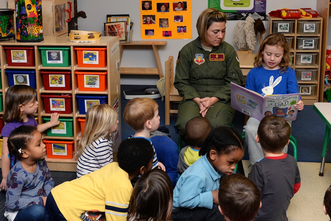 Kaitlyn Kernan, the daughter of Tech. Sgt. Jennifer Kernan, an aerospace operational physiology technician with the 633rd Aerospace Medical Squadron, reads to preschool children at the child development center at Langley Air Force Base, Va., Feb. 16, 2016. Kernan and her daughter are volunteers with The Mayor’s Book Club which hosts community volunteers every other month to read to the preschool students at the CDC.  (U.S. Air Force photo by Airman 1st Class Kaylee Dubois)