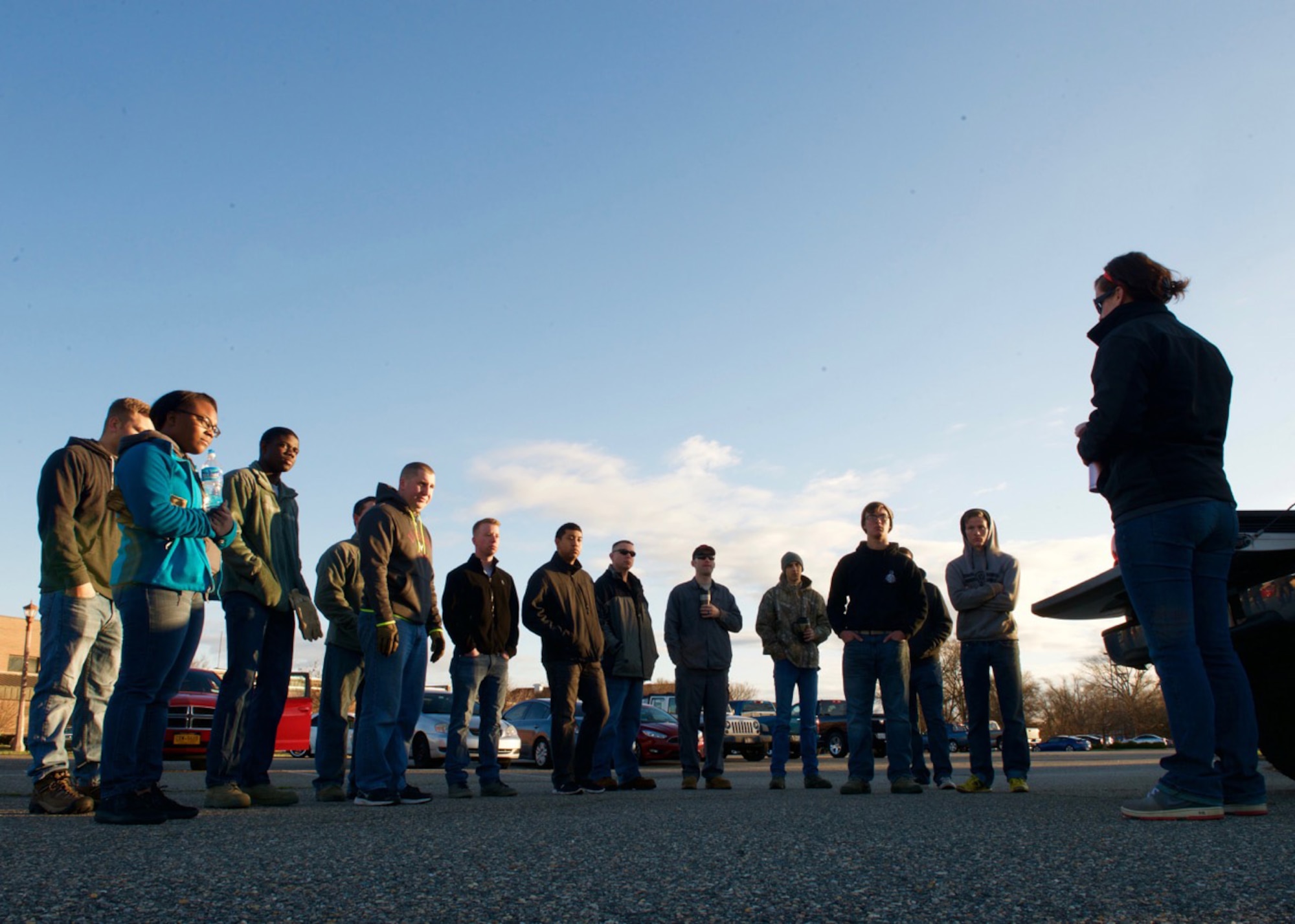 Volunteers gather at Langley Air Force Base, Va., Feb. 26, 2016. Twenty U.S. Airmen from Langley Air Force Base drove an hour west to Waverly Va., in a volunteer effort to help with the cleanup and rebuilding of the city after a tornado attacked the town. (U.S. Air Force photo by Staff Sgt.  J.D. Strong II)