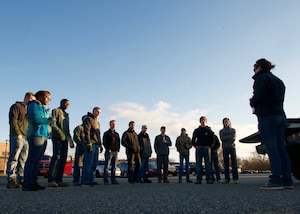 Volunteers gather at Langley Air Force Base, Va., Feb. 26, 2016. Twenty U.S. Airmen from Langley Air Force Base drove an hour west to Waverly Va., in a volunteer effort to help with the cleanup and rebuilding of the city after a tornado attacked the town. (U.S. Air Force photo by Staff Sgt.  J.D. Strong II)