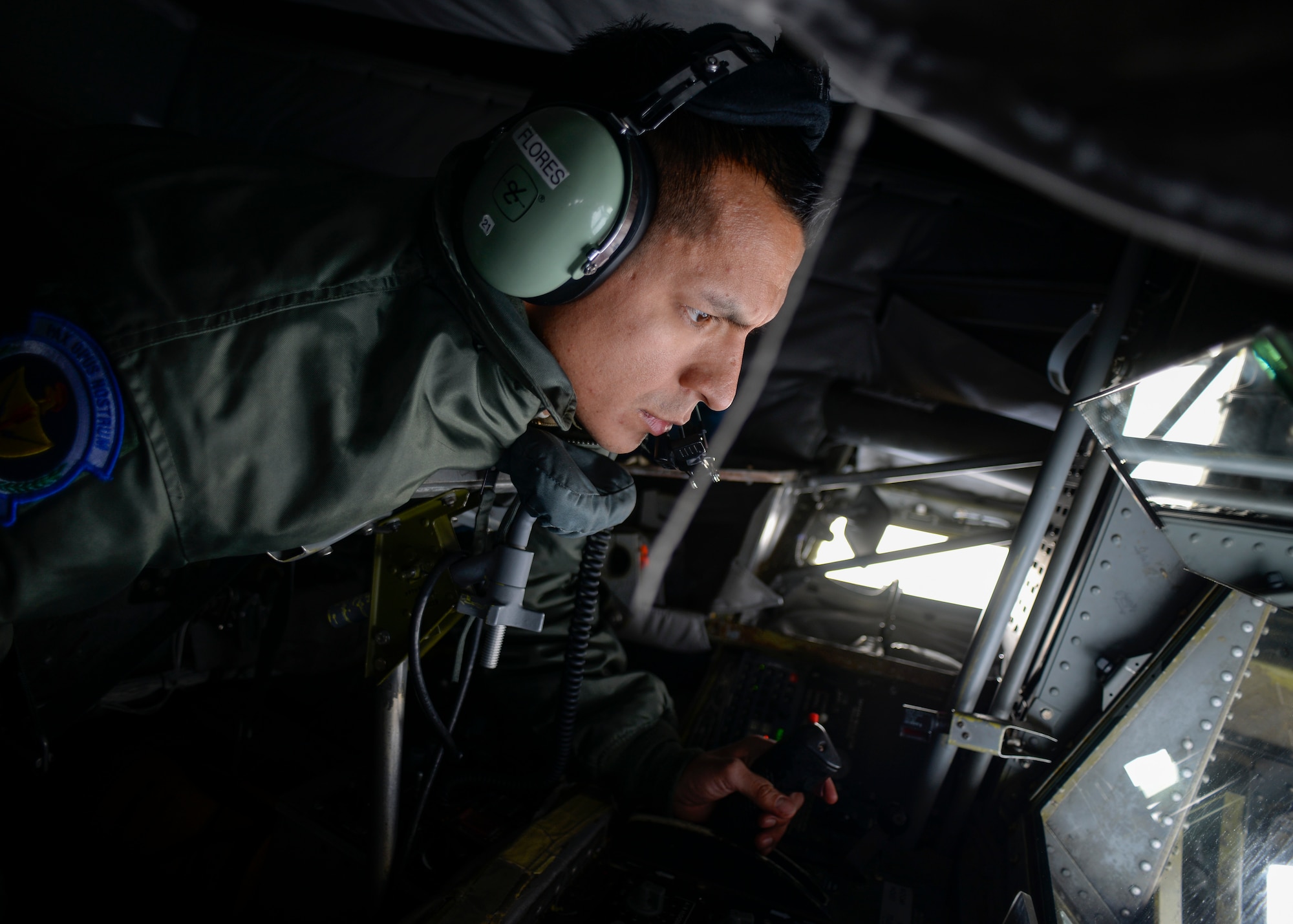 U.S. Air Force Senior Master Sgt. Cesar Flores, 351st Air Refueling Squadron superintendent, delivers fuel to a B-52 Stratofortress from Barksdale Air Force Base, La., March 1, 2016, in the skies over the Trøndelag region of Norway. The refueling was part of exercise Cold Response, which enables the NATO alliance to work together and demonstrate an unwavering commitment to NATO allies and partners collective defense under the North Atlantic Treaty and the ability to counter transnational threats. (U.S. Air Force photo by Senior Airman Victoria H. Taylor/Released)