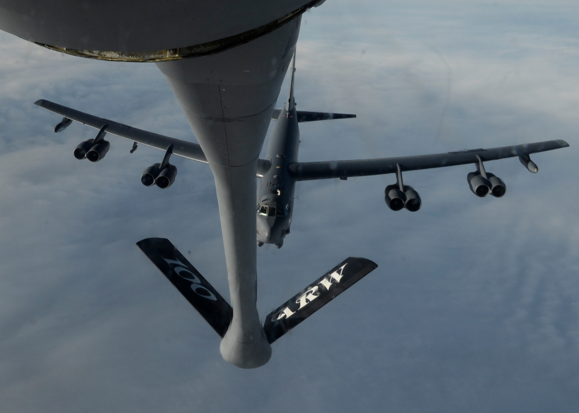 A U.S. Air Force B-52 Stratofortress assigned to Barksdale Air Force Base, La., approaches a KC-135 Stratotanker assigned to RAF Mildenhall, England, for refueling March 1, 2016, over the Trøndelag region of Norway. The exercise’s location will provide an extreme-cold environment in which a dozen allied and partner nations will jointly develop tactics, techniques and procedures. (U.S. Air Force photo by Senior Airman Victoria H. Taylor/Released)
