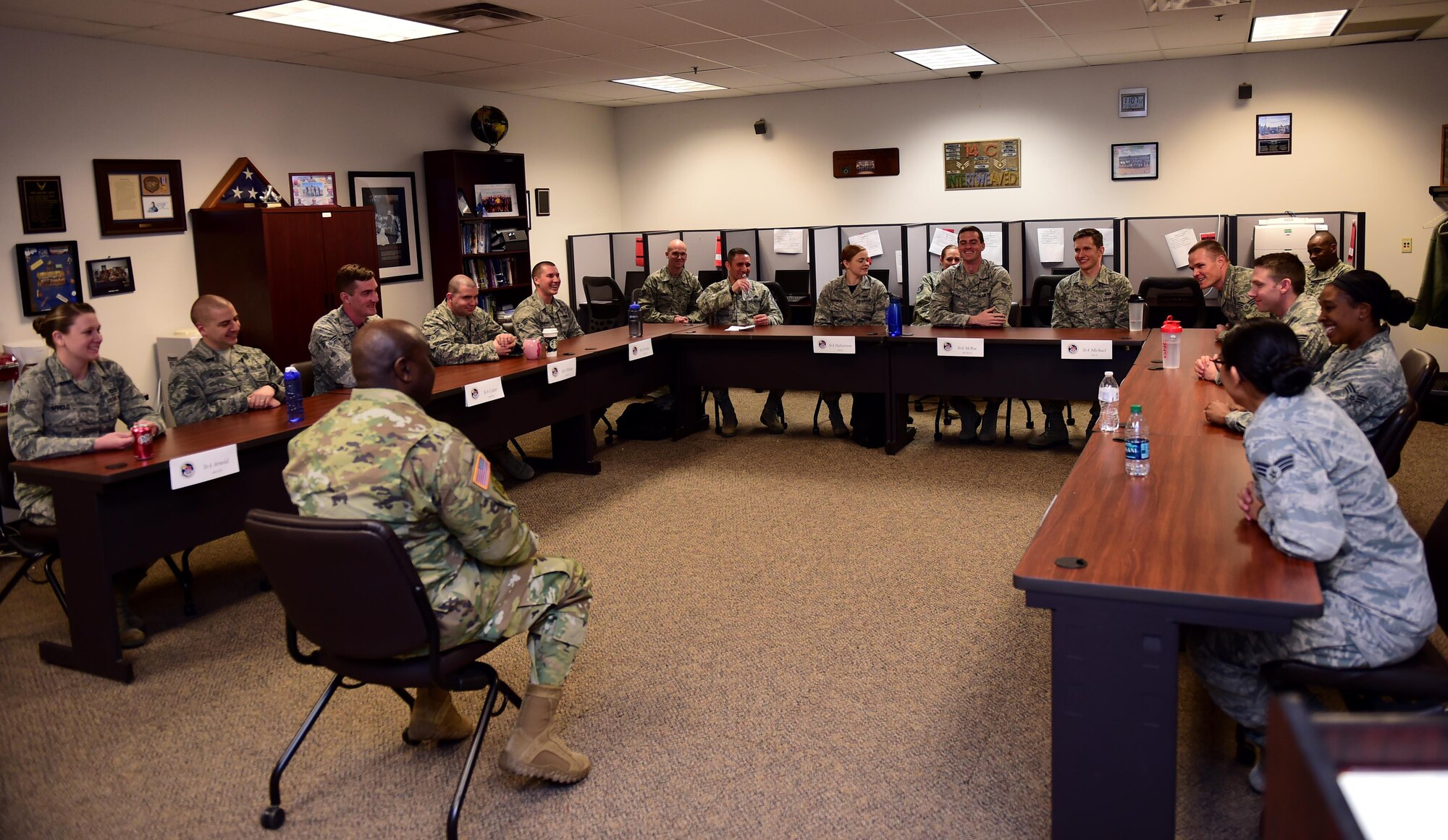 U.S. Army Command Sergeant Major Patrick Alston, U.S. Strategic Command senior enlisted leader, speaks to Buckley Airmen Leadership School students Feb. 26, 2016, on Buckley Air Force Base, Colo. Alston discussed ways to become effective leaders, such as forming relationships with their troops and learning to understand the new generation of Airmen. (U.S. Air Force photo by Airman 1st Class Gabrielle Spradling/Released)