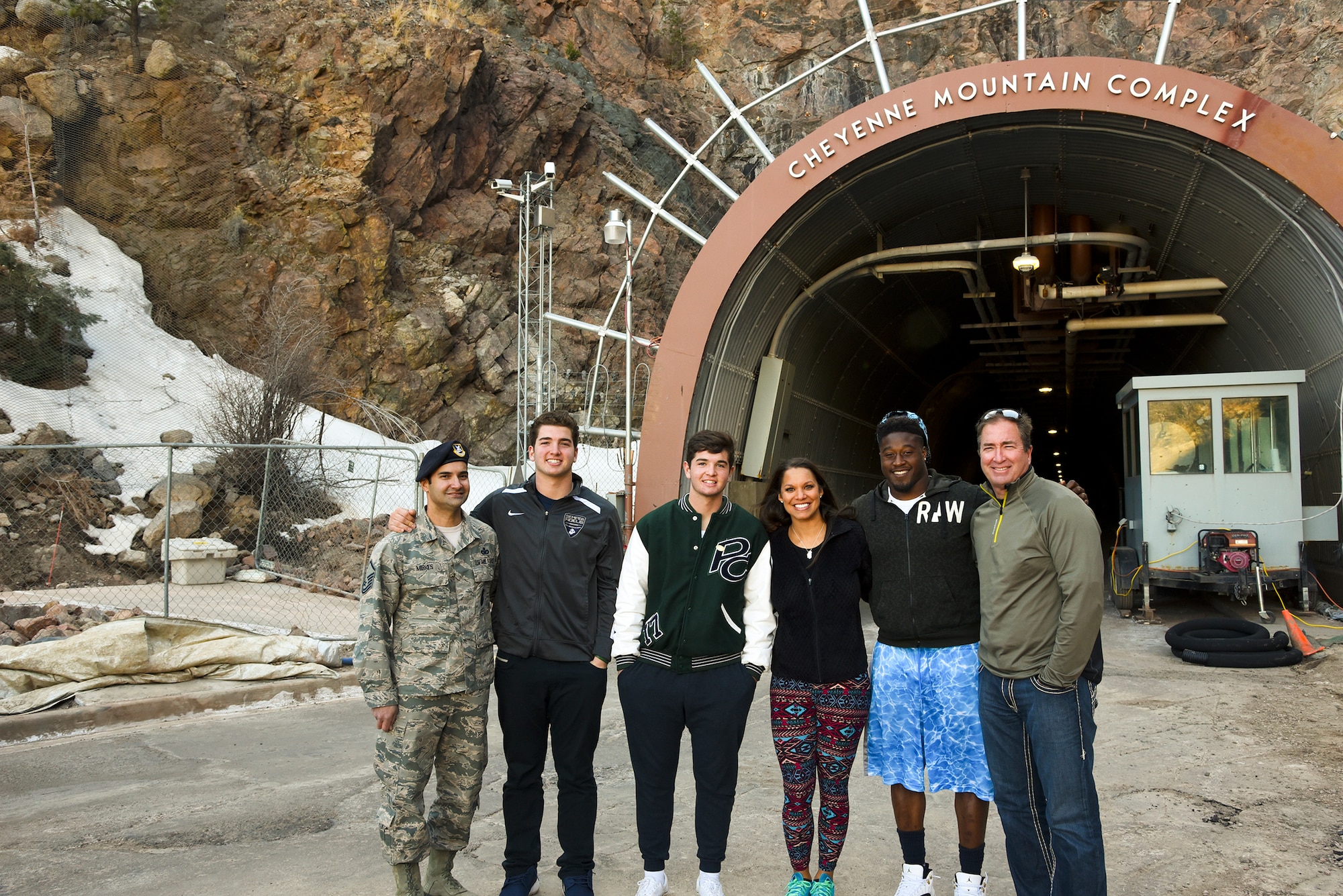 CHEYENNE MOUNTAIN AIR FORCE STATION - Steven Johnson, National Football League linebacker for the Tennessee Titans, his wife Stephanie, and JoJo Domann, recent strong safety recruit to the University of Nebraska, along with his father and brother, visited and toured Cheyenne Mountain Air Force Station on March 1, 2016. The visit and tour is part of the ongoing 50th Anniversary celebration for CMAFS. The installation was declared fully operational April 20, 1966. (U.S. Air Force photo by Tech. Sgt. Jared Marquis)