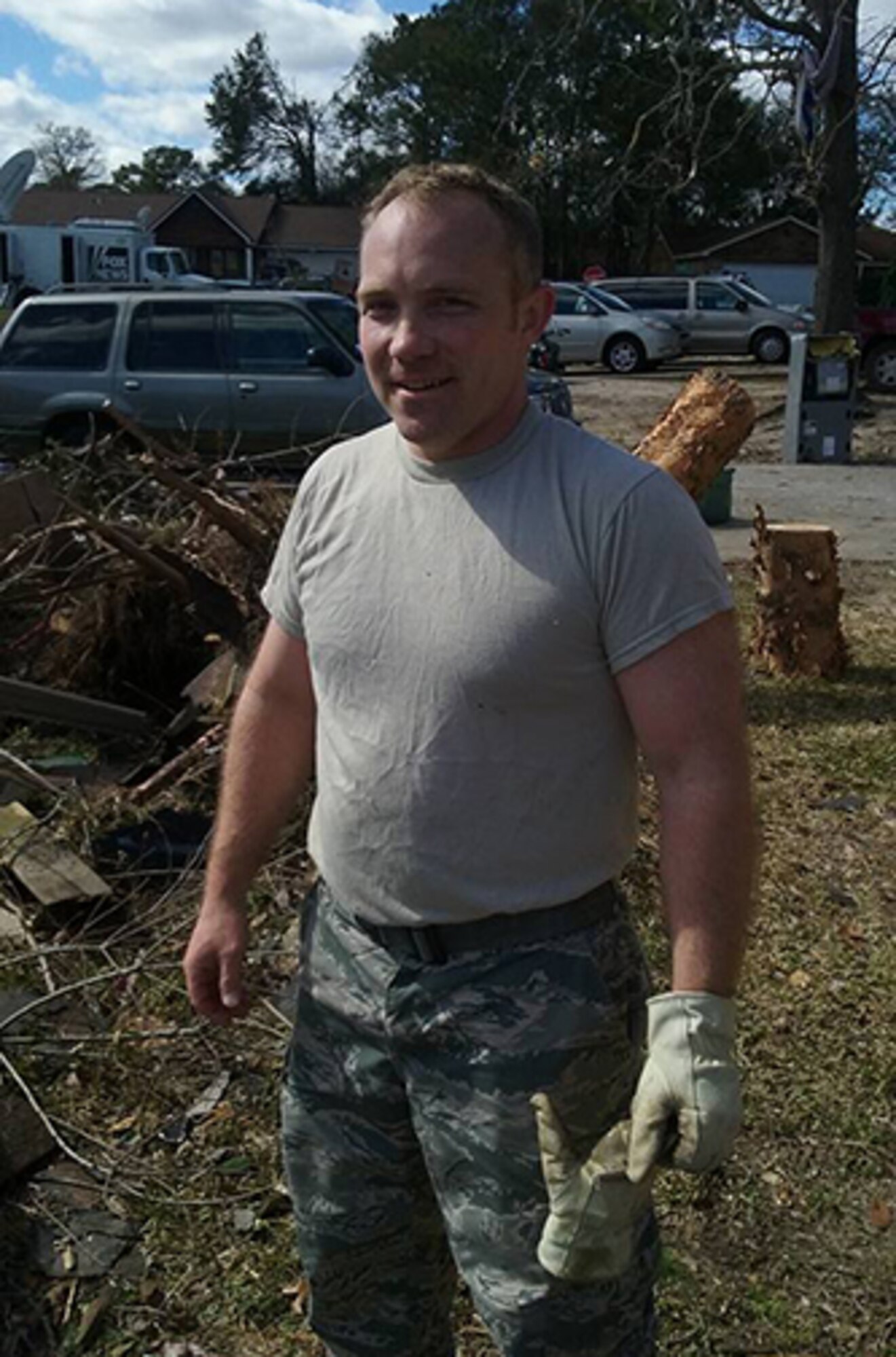 This image of Timothy Thoner and the corresponding story posted to Facebook by a Pensacola family promptly went viral in late February. It was posted as a thank you and recognition to Thoner who helped the family clean up and recover after a tornado struck their home.  The image and story of his selfless act garnered more than 15,000 likes and 6,500 shares.  (Courtesy photo)
