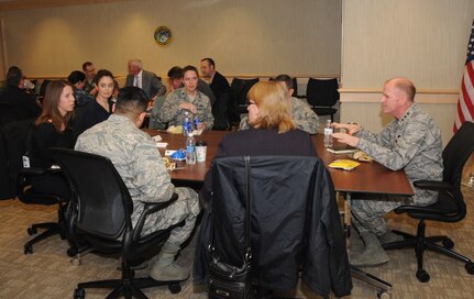 U.S. Air Force Lt. Gen. Stephen W. Wilson (right), U.S. Strategic Command (USSTRATCOM) deputy commander, discusses strategic deterrence strategies with students and instructors from the School for Advanced Nuclear Deterrence Studies (SANDS) during a working lunch in a USSTRATCOM Headquarters training room, Offutt Air Force Base, Neb., March 2, 2016. During their visit, SANDS students received briefings on nuclear operations and planning, weapons systems, and emergency action procedures, and toured the USSTRATCOM Global Operations Center, E-4B National Airborne Operations Center (NAOC) and E-6B Airborne Command Post (ABNCP) aircraft. One of nine DoD unified combatant commands, USSTRATCOM has global strategic missions, assigned through the Unified Command Plan, which include strategic deterrence; space operations; cyberspace operations; joint electronic warfare; global strike; missile defense; intelligence, surveillance and reconnaissance; combating weapons of mass destruction; and analysis and targeting. (USSTRATCOM photo by Steve Cunningham)