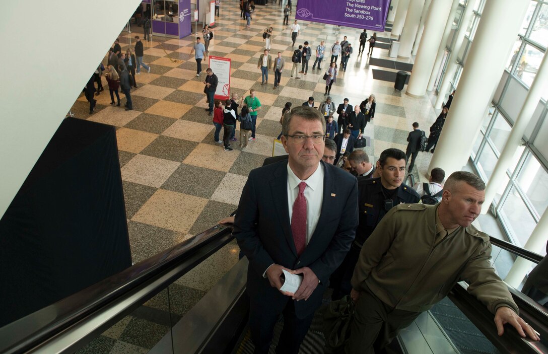 Defense Secretary Ash Carter arrives at the RSA Conference in San Francisco, March 2, 2016. Carter is in San Francisco to strengthen ties between the Department of Defense and the tech community. DoD photo by Navy Petty Officer 1st Class Tim D. Godbee