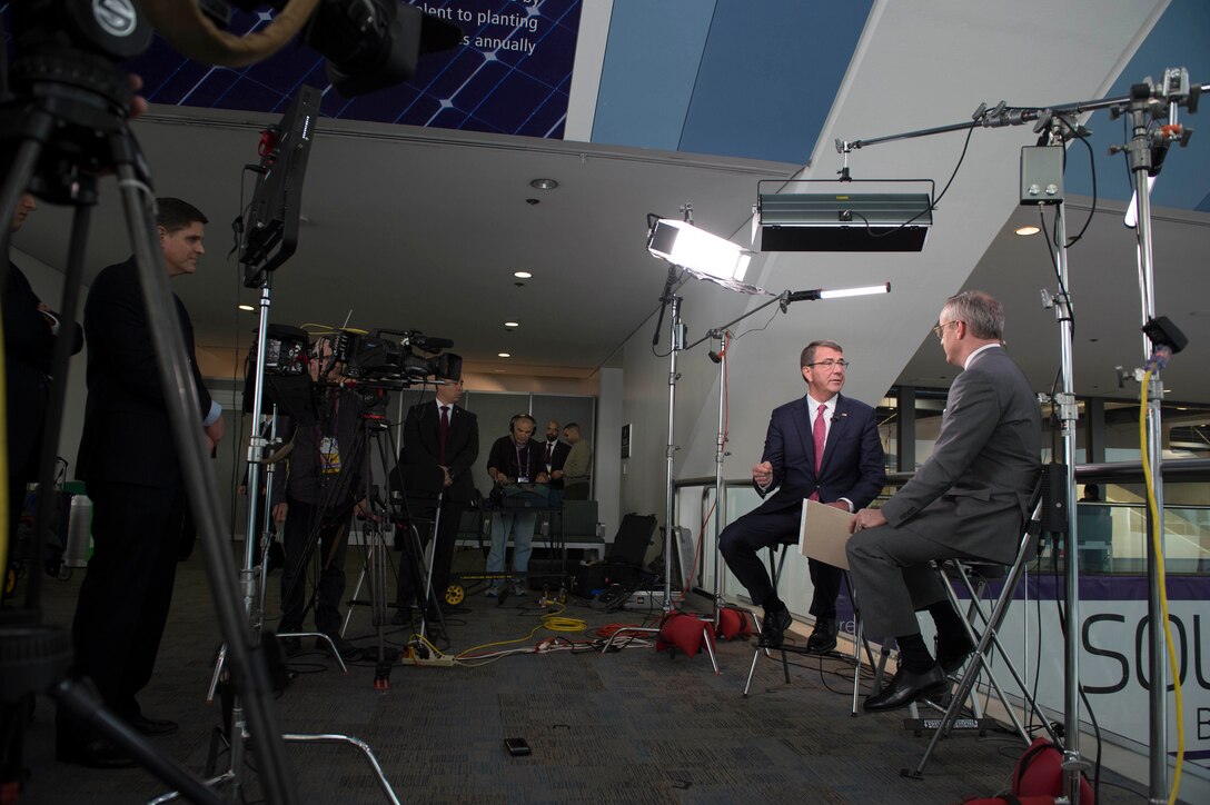 Defense Secretary Ash Carter is interviewed by CNBC's Eamon Javers at the RSA conference in San Francisco, March 2, 2016. Carter is in San Francisco to strengthen ties between the Department of Defense and the tech community. DoD photo by Navy Petty Officer 1st Class Tim D. Godbee