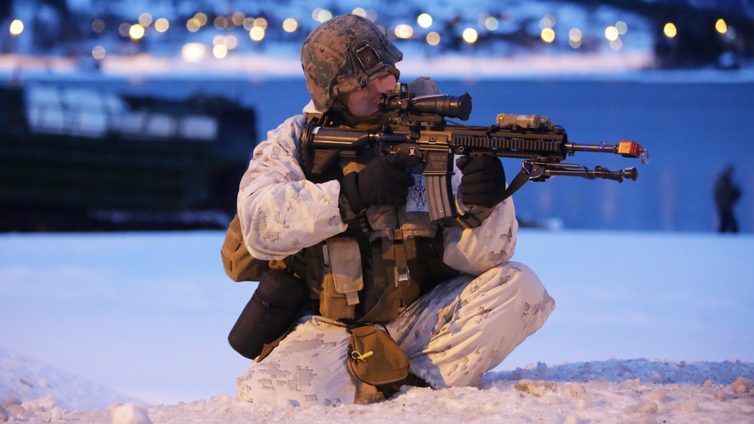 Marines from the Combined Arms Company support NATO allies and partners with ground-combat capabilities in the Namsos fjord during the final training event of Exercise Cold Response 16. The cold-weather training integrated air, land and sea capabilities of 13 nations and more than 15,000 troops to improve capacity to coordinate and respond to threats as a team.