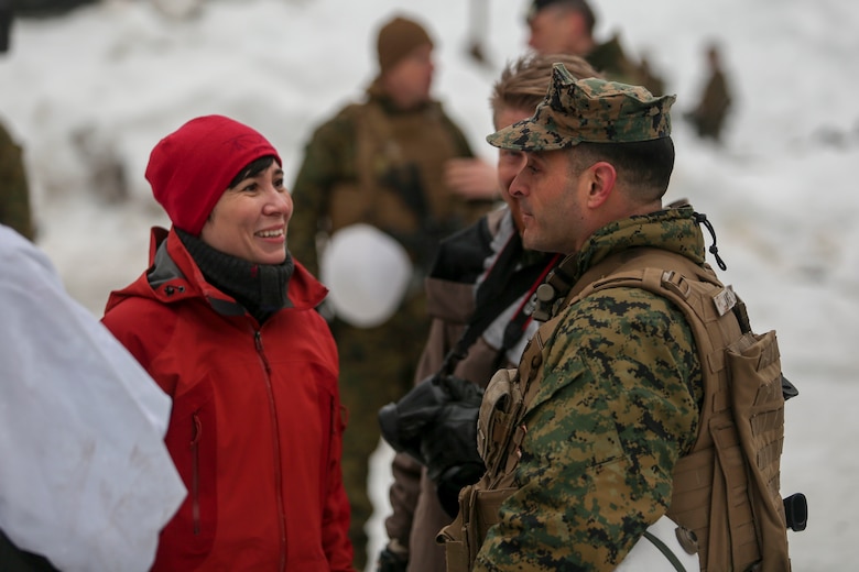 Norwegian Minister of Defense Ine Marie Eriksen Søreide  talks with Lt. Col. Justin Ansel, the commander of Task Force 1/8, at a training location near Steinkjer, Norway, March 2, 2016. Exercise Cold Response 16 is a multi-national exercise combining the efforts of 12 NATO allies and partner nations and approximately 15,000 troops taking place across Norway. (U.S. Marine Corps photo by Cpl. Dalton A. Precht/released)