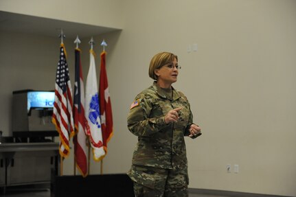 Maj. Gen. Martha Carcana, Adjutant General for Puerto Rico, delivers remarks during the Community Care Unit inactivation ceremony on Fort Buchanan, PR, March 1. (Photo by US Army Spc. Anthony Martinez)