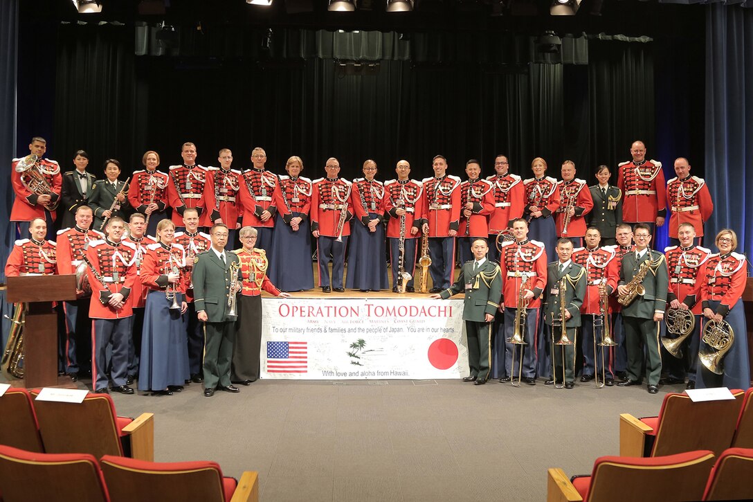 On March 2, 2016, "The President's Own" U.S. Marine Band was joined by musicians from the Japan Ground Self-Defense Force Central Band for the fifth anniversary observation of Operation Tomodachi at the Pentagon. Operation Tomodachi was the U.S. military's response to the Great East Japan Earthquake and Tsunami in March 2011. (U.S. Marine Corps photo by Master Sgt. Kristin duBois/released) 