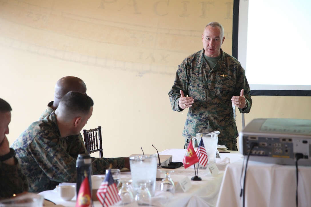 U.S. Marine Corps Maj. Gen. Charles L. Hudson, Commander, Marine Corps Installations Command, gives opening remarks for the Senior Leaders Seminar at the Pacific Views Event Center on Camp Pendleton, Calif., Feb 29, 2016. The Senior Leaders Seminar is a forum between the commander of Marine Corps Installations Command and his installation commanding generals (U.S. Marine Corps photo by Cpl. Tyler S. Dietrich, MCIWEST-MCB CamPen Combat Camera/Released).