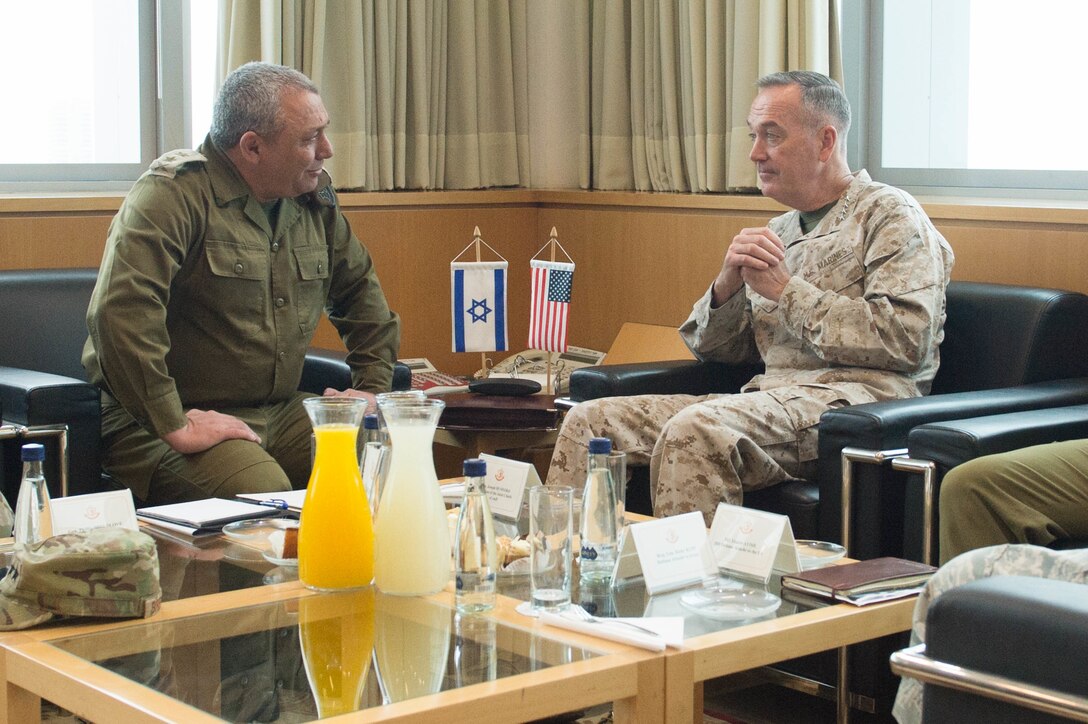 U.S. Marine Corps Gen. Joseph F. Dunford Jr., chairman of the Joint Chiefs of Staff, right, meets with Israeli Lt. Gen. Gadi Eizenkot, the commander in chief of the Israel Defense Forces, at the Israeli Ministry of Defense in Tel Aviv, Israel, March 3, 2016. DoD photo by D. Myles Cullen