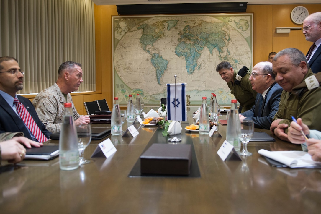 U.S. Marine Corps Gen. Joseph F. Dunford Jr., chairman of the Joint Chiefs of Staff, second from left, and U.S. Ambassador to Israel Daniel B. Shapiro, left, meet with Israeli Defense Minister Moshe Yaalon at the Ministry of Defense in Tel Aviv, Israel, March 3, 2016. DoD photo by D. Myles Cullen