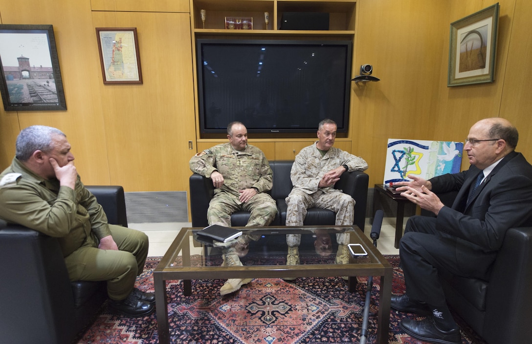 U.S. Marine Corps Gen. Joseph F. Dunford Jr., chairman of the Joint Chiefs of Staff, center right, meets with, from left, Israeli Lt. Gen. Gadi Eizenkot, the commander in chief of the Israel Defense Forces; U.S. Air Force Gen. Philip M. Breedlove, NATO's supreme allied commander for Europe and commander of U.S. European Command; and Israeli Defense Minister Moshe Yaalon at the Ministry of Defense in Tel Aviv, Israel, March 3, 2016. DoD photo by D. Myles Cullen