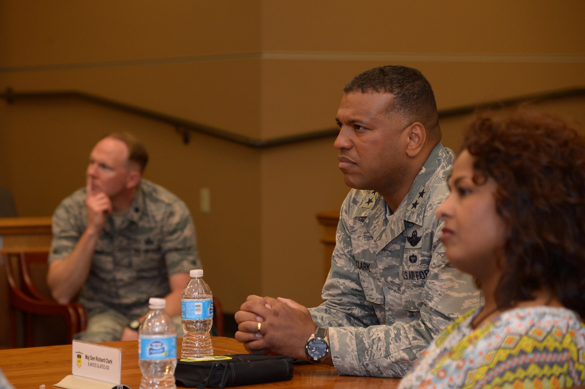 Maj. Gen. Richard Clark, Eighth Air Force commander, listens as he receives a brief during his immersion tour at Barksdale Air Force Base, La., Feb. 29, 2016. Clark toured the 2nd Bomb Wing for the first time since taking his assignment in April 2015. One of the themes of the visit was to stress the importance of embracing the Every Airmen Counts concept and the need for everyone to understand their role and purpose in completing the mission. (U.S. Air Force photo/Staff Sgt. Joseph A. Pagán Jr.)