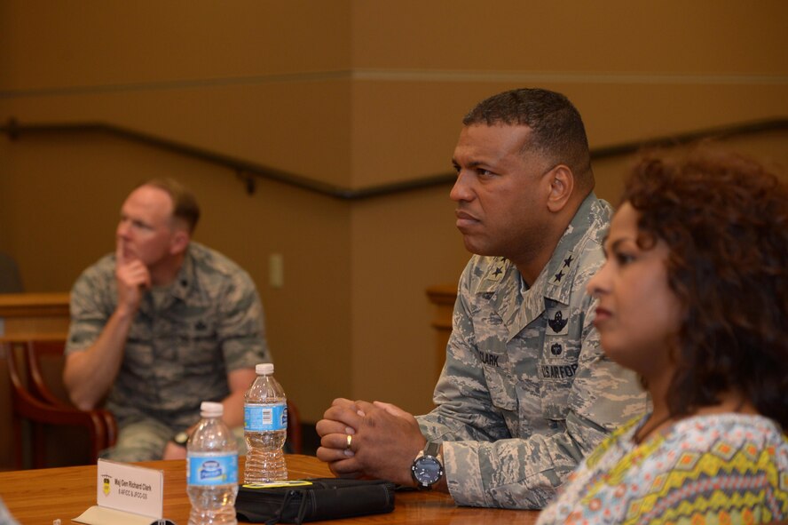 Maj. Gen. Richard Clark, Eighth Air Force commander, listens as he receives a brief during his immersion tour at Barksdale Air Force Base, La., Feb. 29, 2016. Clark toured the 2nd Bomb Wing for the first time since taking his assignment in April 2015. One of the themes of the visit was to stress the importance of embracing the Every Airmen Counts concept and the need for everyone to understand their role and purpose in completing the mission. (U.S. Air Force photo/Staff Sgt. Joseph A. Pagán Jr.)