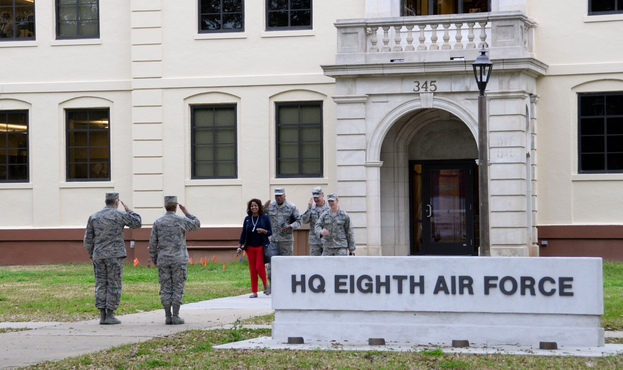 Leadership from 2nd Bomb Wing render greet Maj. Gen. Richard Clark, Eighth Air Force commander, at Barksdale Air Force Base, La., March 1, 2016. The 2nd BW had the opportunity to invite Clark to tour local operations from Feb. 29 through March 1. (U.S. Air Force photo/Senior Airman Amanda Morris)