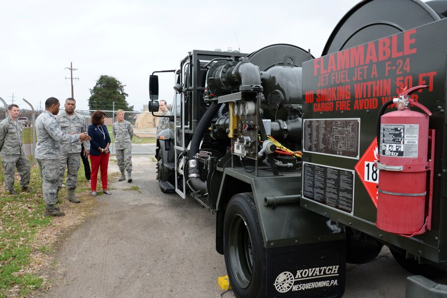 Airmen from the 2nd Logistics Readiness Squadron briefs Maj. Gen. Richard Clark, Eighth Air Force commander, on the capabilities of a fuels truck during his immersion tour of the 2nd Bomb Wing at Barksdale Air Force Base, La., March 1, 2016. Airmen from 2nd LRS spoke about the function of the fuel truck and how it fits into the Barksdale mission. (U.S. Air Force photo/Senior Airman Amanda Morris)