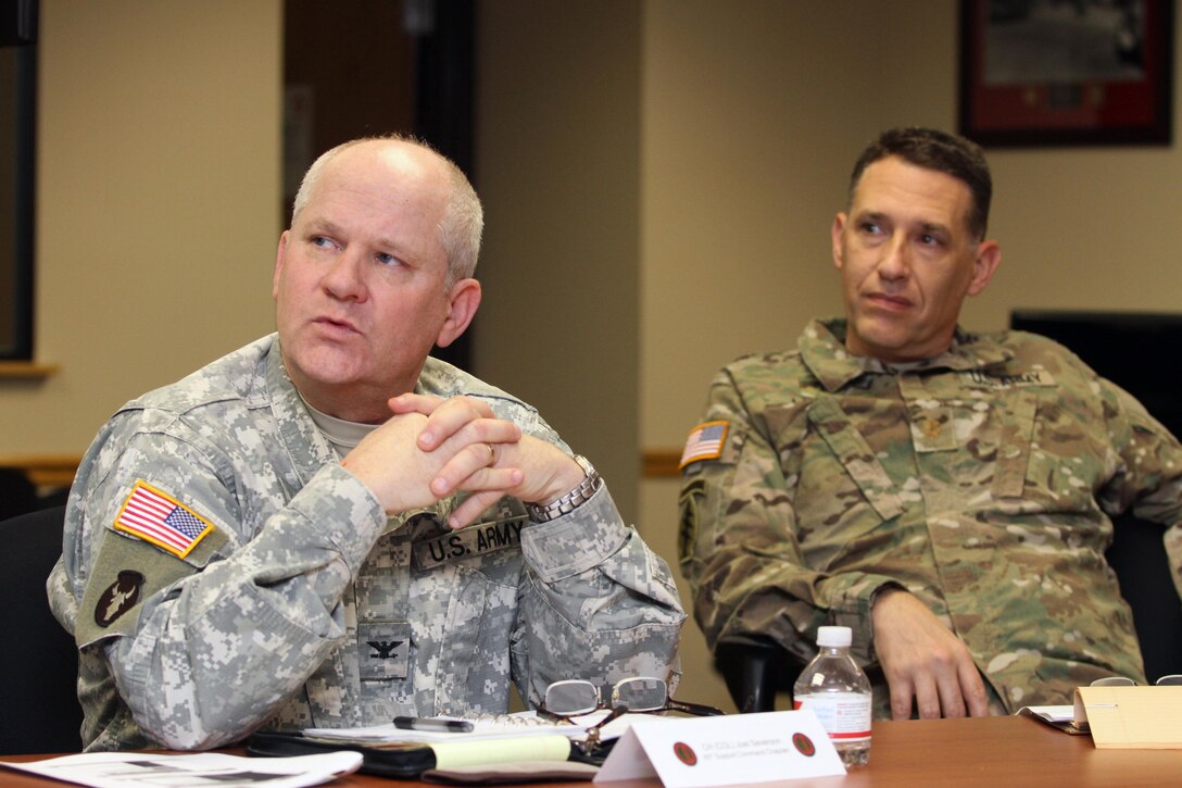 U.S. Army Reserve Col. Joel Severson, 85th Support Command chaplain, left, and Maj. Robert Lewis, 84th Training Command deputy chaplain, were among Reserve and active duty chaplains who attended the Command's inaugural Unit Ministry Team Workshop on Fort Knox, Ky., Feb. 17, 2016. (U.S. Army Photo by Clinton Wood/Released)