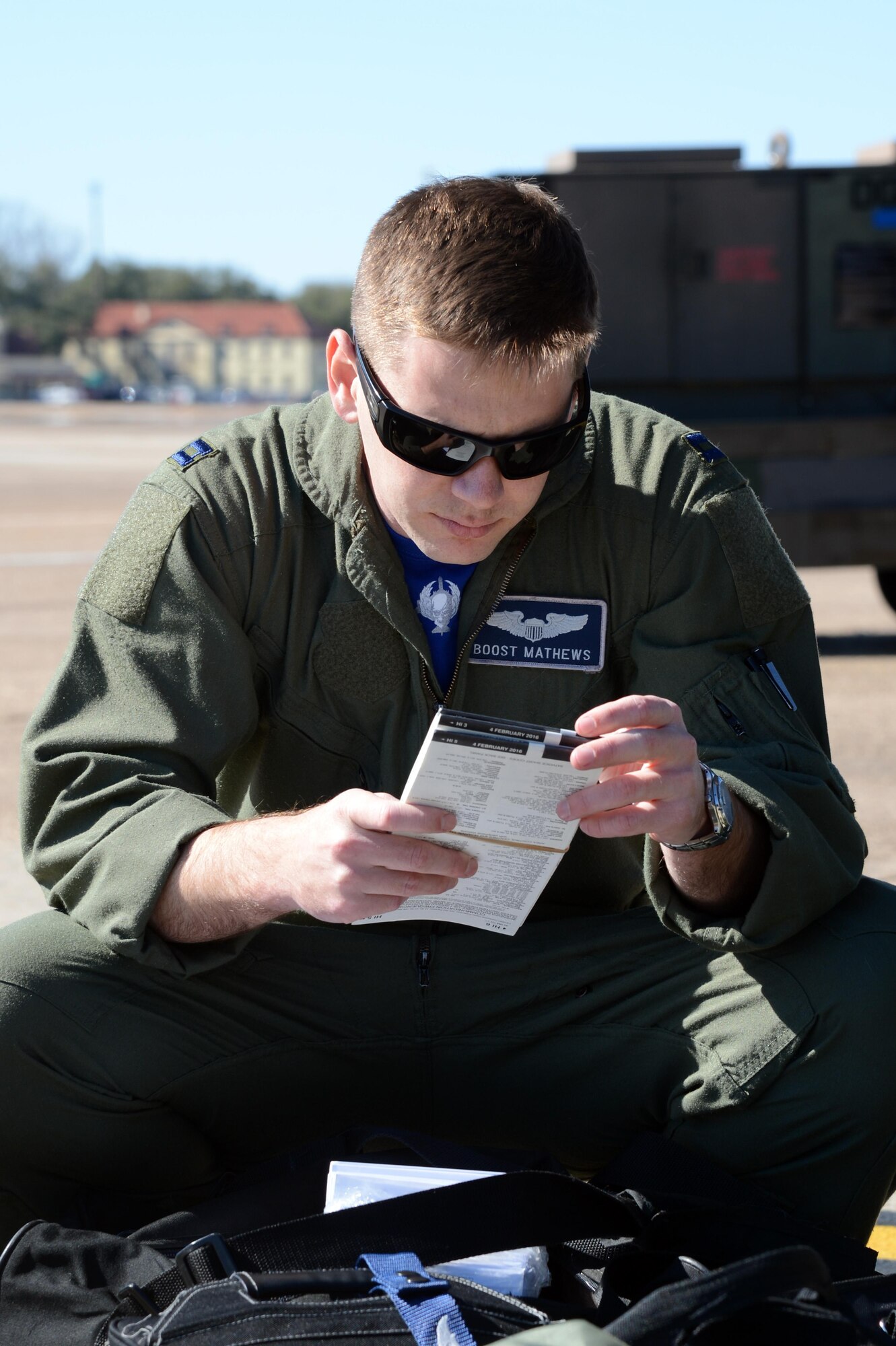Capt. Christopher Mathews, 20th Bomb Squadron, verifies communication frequencies at Barksdale Air Force Base, La., Feb. 26, 2016.During the short-term deployment, three multi-role heavy bombers and more than 200 Airmen assigned to the 2nd Bomb Wing will integrate and train with U.S. European Command components and regional partners by participating in Exercise Cold Response 16. (U.S. Air Force photo/Staff Sgt. Joseph A. Pagán Jr.) 