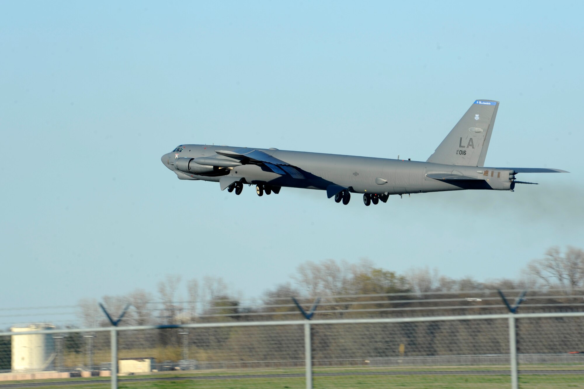 A B-52 Stratofortress takes off from Barksdale Air Force Base, La., Feb. 26, 2016, headed to Moron Air Base, Spain. During the short-term deployment, three of the multi-role heavy bombers and more than 200 Airmen assigned to the 2nd Bomb Wing will integrate and train with U.S. European Command components and regional partners by participating in Exercise Cold Response 16. U.S. Strategic Command and Air Force Global Strike Command routinely and visibly demonstrate U.S. commitment to allies, as well as global security, through joint and international training exercises such as these. (U.S. Air Force photo/Staff Sgt. Joseph A. Pagán Jr.)