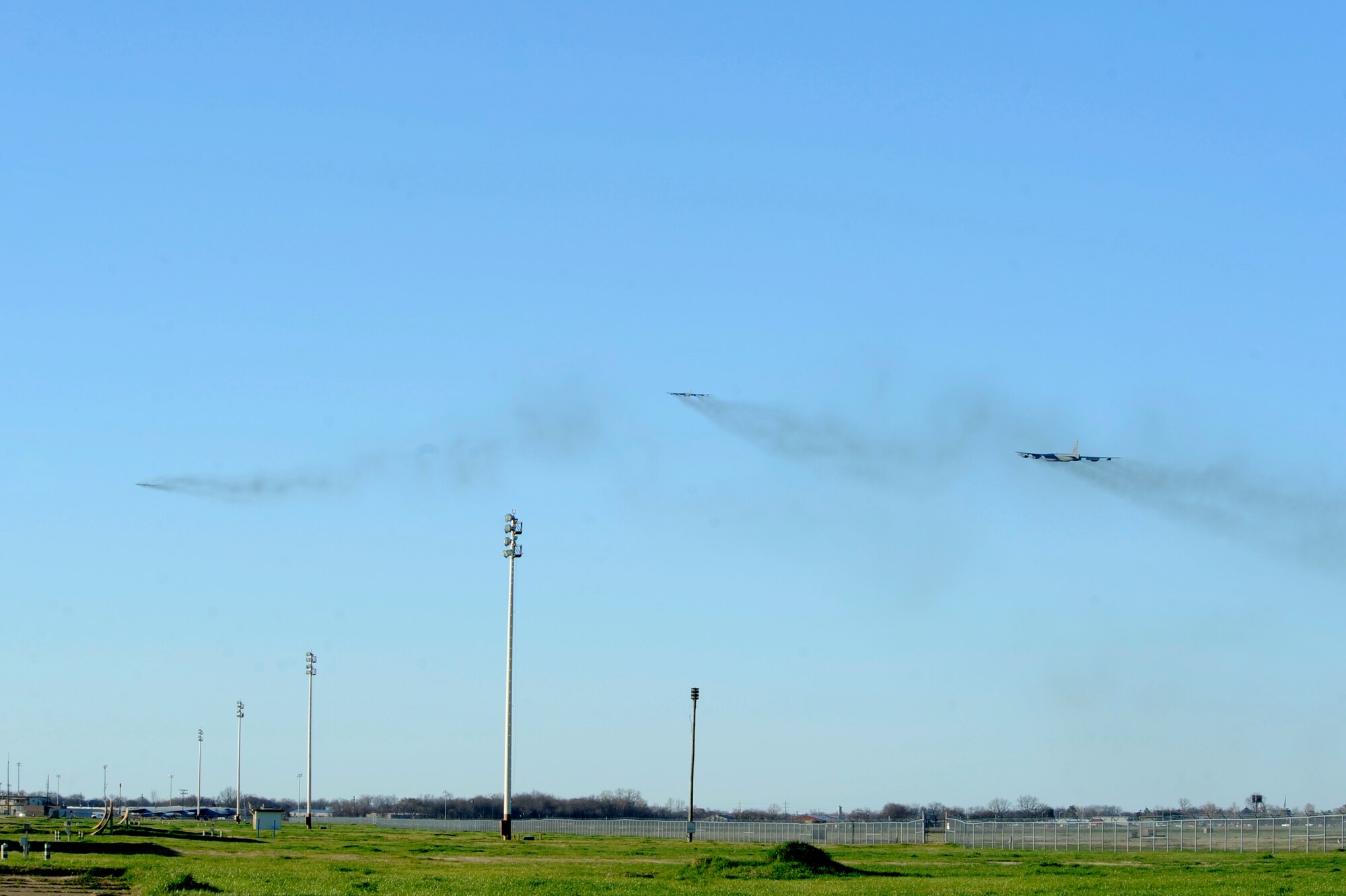 Three B-52 Stratofortresses take off from Barksdale Air Force Base, La., Feb. 26, 2016, headed to Moron Air Base, Spain. During the short-term deployment, the multi-role heavy bombers and more than 200 Airmen assigned to the 2nd Bomb Wing will integrate and train with U.S. European Command components and regional partners by participating in Exercise Cold Response 16. U.S. Strategic Command and Air Force Global Strike Command routinely and visibly demonstrate U.S. commitment to allies, as well as global security, through joint and international training exercises such as these. (U.S. Air Force photo/Staff Sgt. Joseph A. Pagán Jr.)