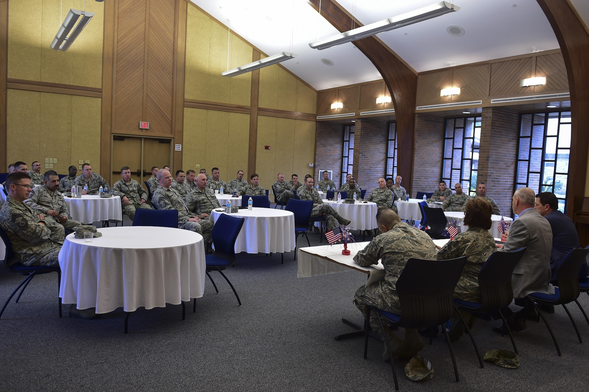 Air Force Special Operations Command’s newest chief master sergeant selects participate in a chief panel at the Air Force Enlisted Village, Shalimar, Fla., Feb. 23, 2016. The chief panel provided an opportunity for current and retired chief master sergeants to help prepare the new chief selects for their new role in the top one percent of the enlisted force. (U.S. Air Force photo by Senior Airman Jeff Parkinson)