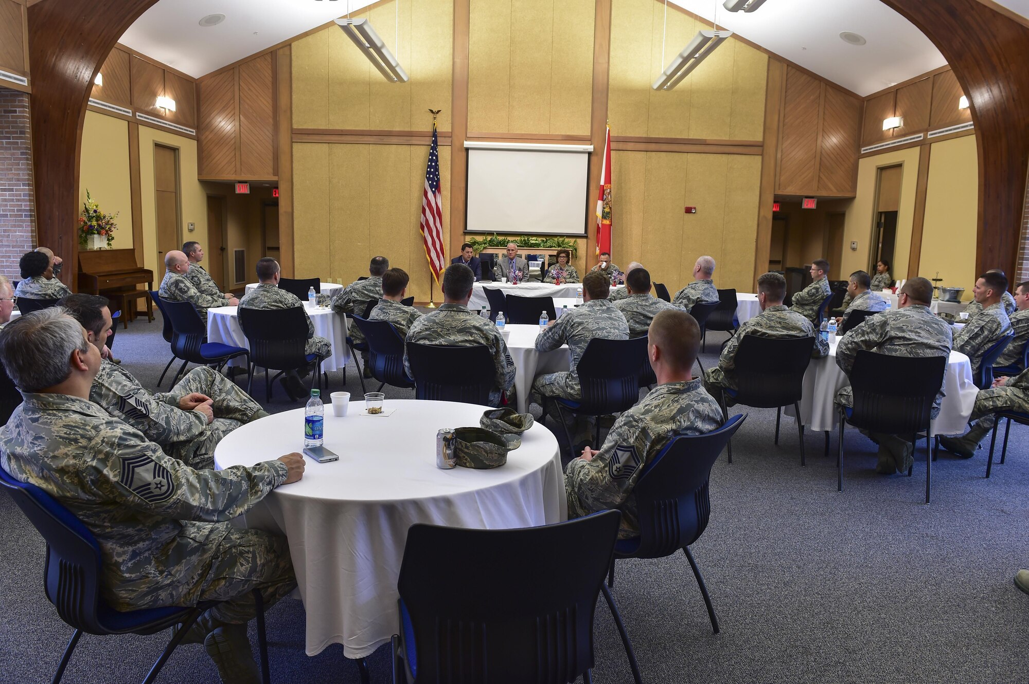 Air Force Special Operations Command’s newest chief master sergeant selects participate in a chief panel at the Air Force Enlisted Village, Shalimar, Fla., Feb. 23, 2016. The chief panel provided an opportunity for current and retired chief master sergeants to help prepare the new chief selects for their new role in the top one percent of the enlisted force. (U.S. Air Force photo by Senior Airman Jeff Parkinson)