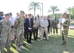 DLA Senior Enlisted Leader, Army Command Sgt. Maj. Charles Tobin addresses DLA employees during his visit to the U.S. Central Command area of responsibility in Bahrain, Feb. 22.