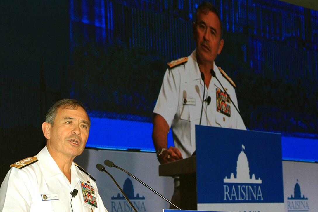 Navy Adm. Harry B. Harris Jr., the commander of U.S. Pacific Command, delivers keynote remarks at the Raisina Dialogue in New Delhi, March 2, 2016. The dialogue is a conference on geopolitics and geo-economics that explores prospects and opportunities for Asia’s integration with the larger world. Photo courtesy of U.S. Embassy in New Delhi
