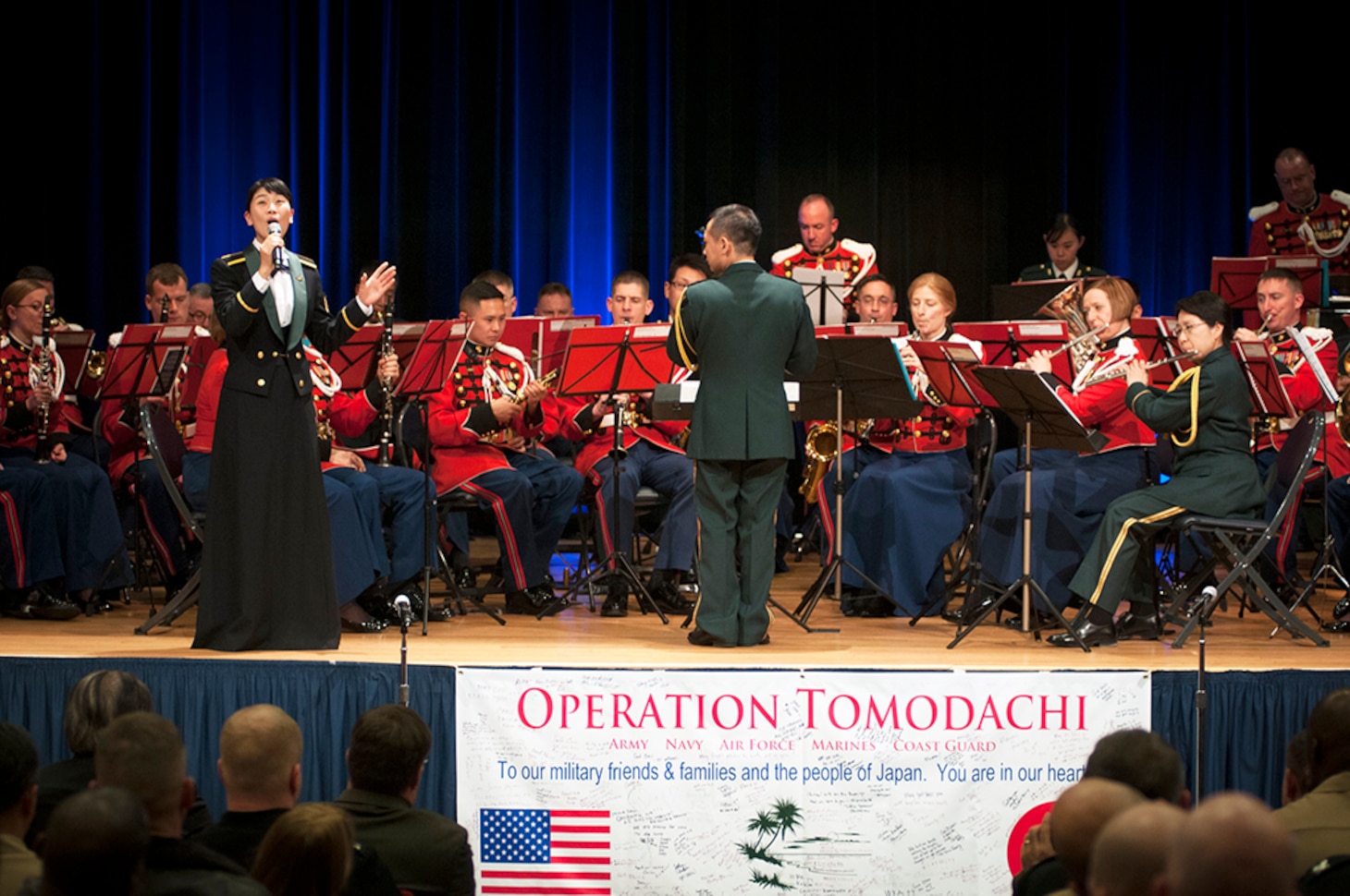 WASHINGTON (March 2, 2016) Members of the U.S. Marine Corps and Japan Self-Defense Force bands perform "Flower will Bloom" during a commemoration ceremony for the 5 year anniversary of Operation Tomodachi at the Pentagon. Operation Tomodachi was a humanitarian mission focused on aiding the people of Japan in the aftermath of the massive earthquake and tsunami that struck Fukushima Prefecture in early March of 2011. 