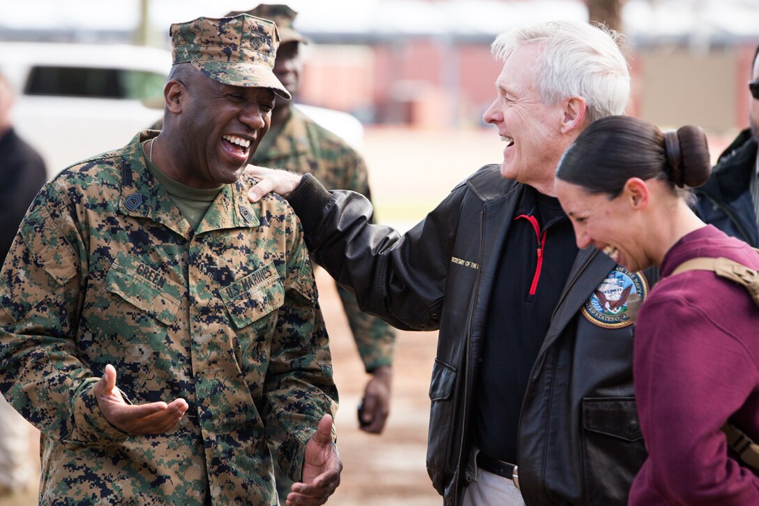 Secretary of the Navy Ray Mabus, center, speaks with Sgt. Maj. of the Marine Corps Ronald Green, left, and 1st Lt. Terri L. Piekosz, a series commander with November Company, 4th Recruit Training Battalion, March 3, 2016, on Parris Island, S.C. Mabus visited Marine Corps Recruit Depot Parris Island in order to see firsthand how young men and women from across the country are transformed into United States Marines. Recruit training was consolidated under Recruit Training Regiment in 1986, and since then, all those desiring to complete recruit training must follow the same training program of instruction, and must complete the same graduation requirements. (Photo by Staff Sgt. Greg Thomas)