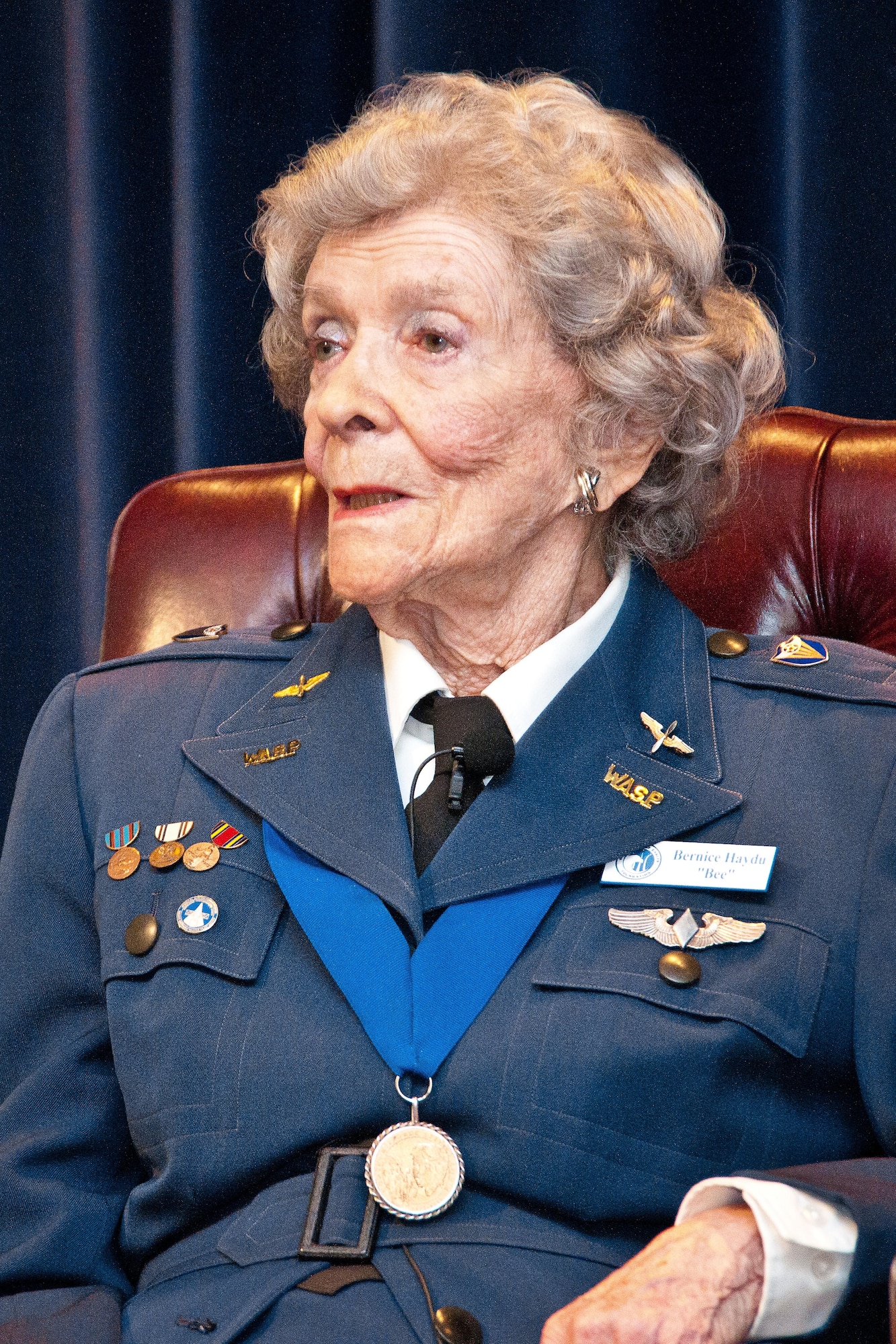 Bernice "Bee" Haydu is interviewed June 5, 2014, at Maxwell Air Force Base, Ala. Haydu is a veteran pilot of World War II. She earned her wings with the Women Airforce Service Pilots, the first women to fly American military aircraft. She also helped lead the fight in Congress to recognize WASP members as veterans. (U.S. Air Force photo/Donna L. Burnett)