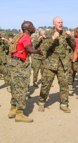 A recruit of Charlie Company, 1st Recruit Training Battalion, is corrected during a Marine Corps Martial Arts Program session at Marine Corps Recruit Depot San Diego, March 2. Drill instructors walked around during the training process to make sure each recruit was executing the correct technique correctly. Recruits can use this time to ask drill instructors questions if they are unsure of how to properly conduct the move. Annually, more than 17,000 males recruited from the Western Recruiting Region are trained at MCRD San Diego. Charlie Company is scheduled to graduate May 20.